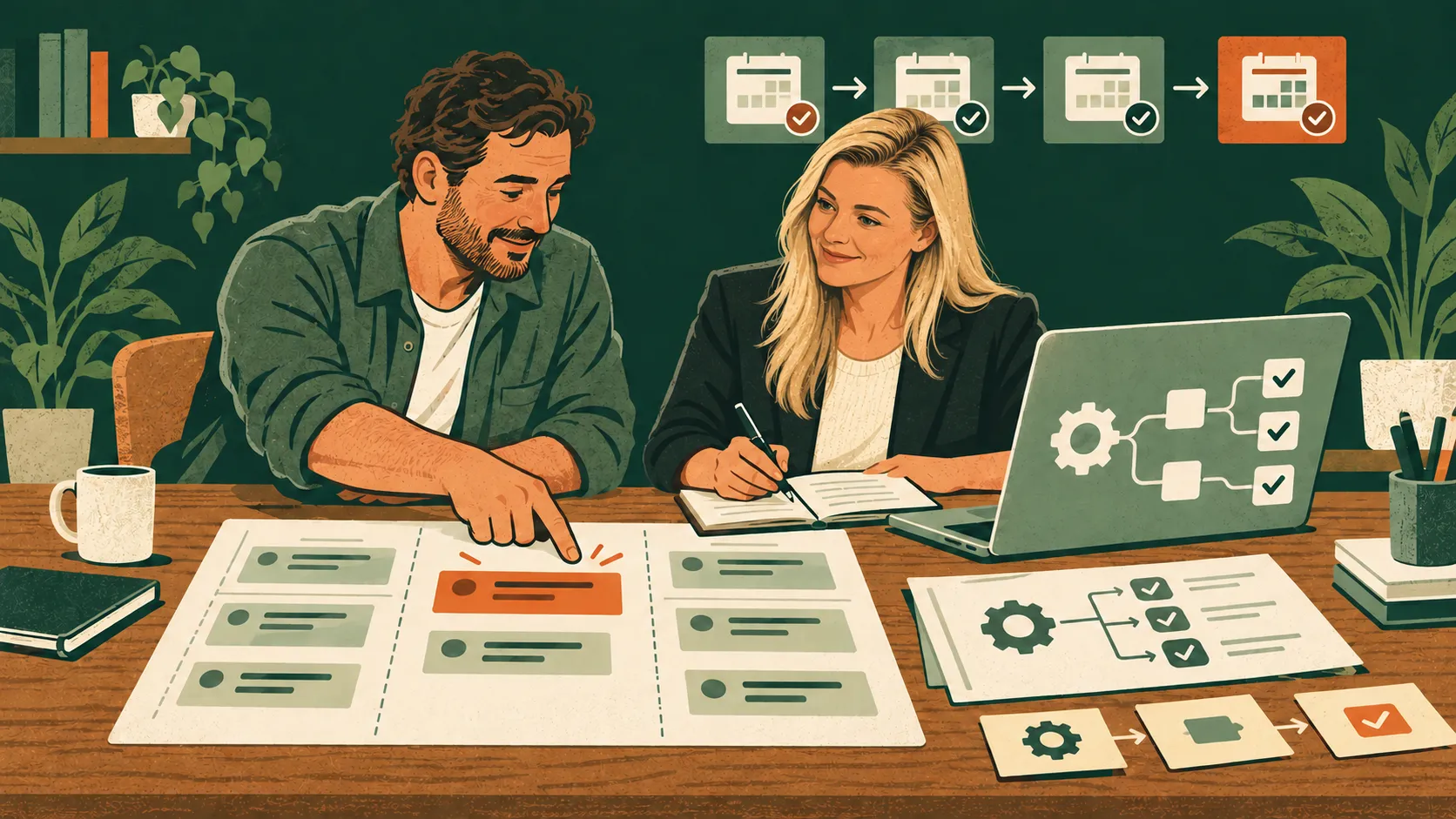 A business owner and Meagan sitting side by side at a table, pointing at a printed board of prioritised work, with a laptop and notes spread out between them.