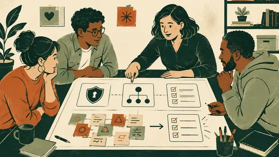 Four colleagues around a table studying a large sheet that lays out a padlock shield, an org chart and two checklists, with sticky notes grouped into a sequence beneath them.