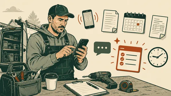 A trades owner in a ball cap and work overalls checking his phone beside an open van, with a missed call, a calendar, paperwork and a checklist floating around him.