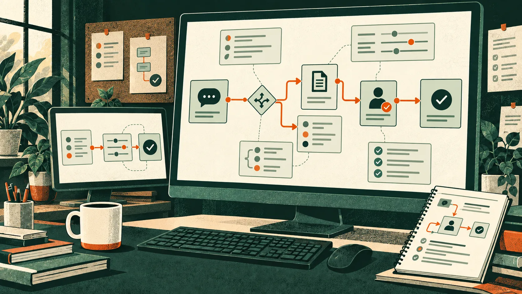 A desk with a large monitor showing a branching workflow of connected steps, a second screen beside it, and a notebook with the same flow sketched out by hand.