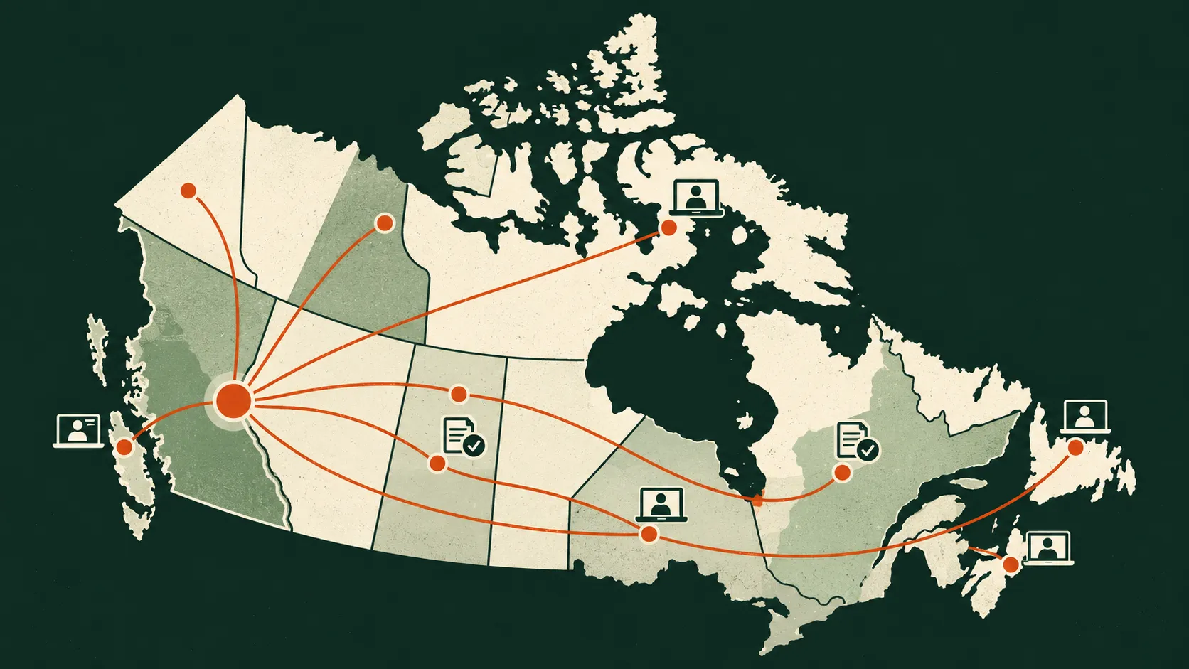 A map of Canada with lines radiating from a point in the BC Interior to laptops and completed checklists in every province and territory.