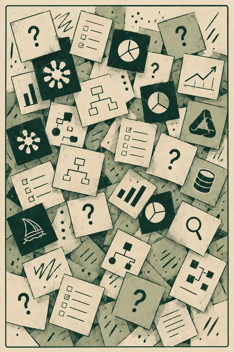 A dense scatter of overlapping cards — checklists, org charts, pie charts, question marks and scribbles — piled with no obvious order.