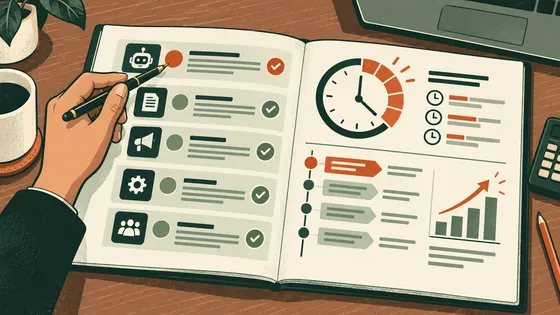 A hand marking up an open report on a desk: a checklist of opportunities down the left page, and on the right a clock showing hours reclaimed, a sequence of steps, and a rising bar chart.