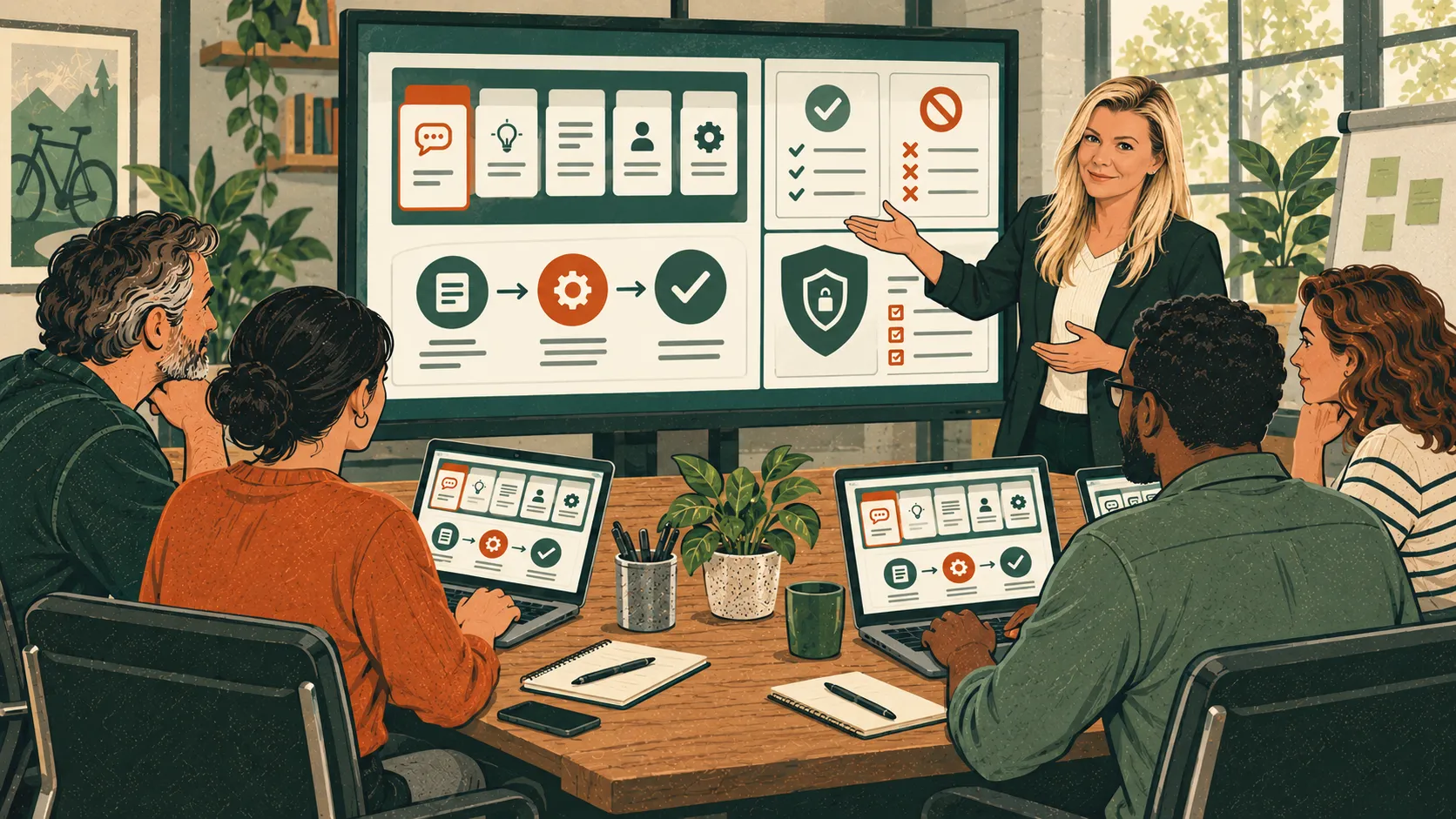 Meagan presenting to a team around a table, everyone with a laptop open showing the same set of prompts and steps as the shared screen behind her.
