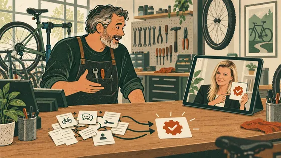 A bike-shop owner at his workbench talking to someone on a propped-up tablet, while on the bench a scatter of loose notes and job cards resolves into a single marked-off card.