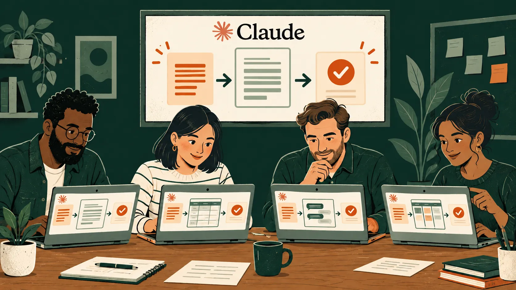 Four people side by side, each heads-down on their own laptop working in Claude on their own documents, with a shared reference on the wall behind them.