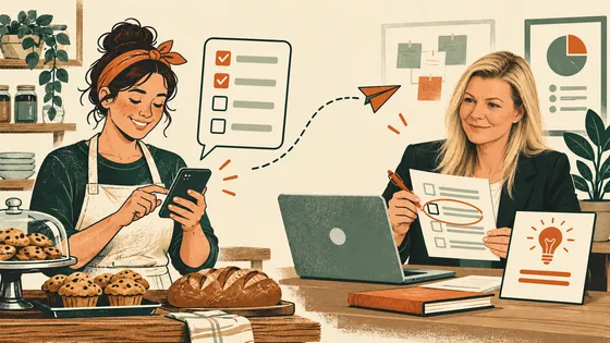 A bakery owner ticking off answers on her phone behind the counter, the answers flying across to Meagan at a desk, who is reading them and circling one on the page.