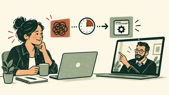 A small-business owner at her table with a coffee and a notebook, talking to someone on a laptop screen, while above them a tangled knot resolves through a clock into a single settled window.